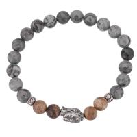 Gemstone Bracelets, Picture Jasper, with Rhinestone Clay Pave & Picasso Jasper & Brass, Buddha, antique silver color plated, Unisex 8mm Approx 8 Inch 