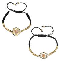 Brass Woven Ball Bracelets, with Nylon Cord & Shell, Flower, real gold plated, adjustable & micro pave cubic zirconia & for woman Approx 6-10 Inch 