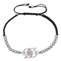 Brass Woven Ball Bracelets, with Nylon Cord & Shell, Flower, platinum plated, adjustable & micro pave cubic zirconia & for woman 4mm Approx 6-10 Inch 