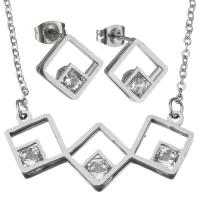 Joyería de acero inoxidable de diamantes de imitación, pendiente & collar, Rombo, cadena oval & para mujer & con diamantes de imitación, color original, 34x15mm, 1.5mm, 12.5x12.5mm, longitud:aproximado 16 Inch, Vendido por Set