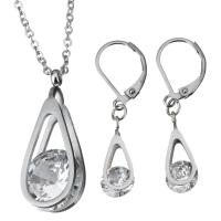Rhinestone stainless steel Jewelry Set, earring & necklace, with 2Inch extender chain, Teardrop, oval chain & for woman & with rhinestone, original color 1.5mm, 35mm Approx 17 Inch 