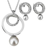 Rhinestone stainless steel Jewelry Set, earring & necklace, with Rhinestone Clay Pave & Glass Pearl, with 2Inch extender chain, oval chain & for woman, original color 2mm Approx 19 Inch 