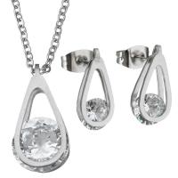 Joyería de acero inoxidable de diamantes de imitación, pendiente & collar, Gota, cadena oval & para mujer & con diamantes de imitación, color original, 12x25mm, 2mm, 6.5x15mm, longitud:aproximado 18 Inch, Vendido por Set