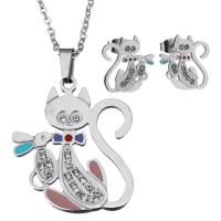 Rhinestone stainless steel Jewelry Set, earring & necklace, Cat, oval chain & for woman & enamel & with rhinestone, original color 2mm Approx 19 Inch 