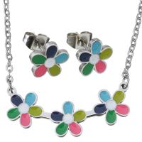 Enamel Stainless Steel Jewelry Sets, earring & necklace, Flower, oval chain & for woman, original color 2mm Approx 16 Inch 