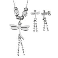 Rhinestone stainless steel Jewelry Set, earring & necklace, with Rhinestone Clay Pave, with 2Inch extender chain, Dragonfly, oval chain & for woman, original color 1.5mm Approx 17 Inch 