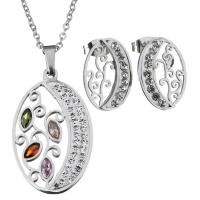 Rhinestone stainless steel Jewelry Set, earring & necklace, with Rhinestone Clay Pave & Crystal, with 2Inch extender chain, Flat Oval, oval chain & for woman & faceted, original color 2mm Approx 19 Inch 