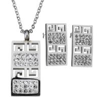 Rhinestone stainless steel Jewelry Set, earring & necklace, with Rhinestone Clay Pave, Rectangle, oval chain & for woman, original color 1.5mm Approx 17 Inch 