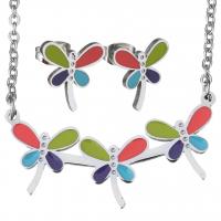 Enamel Stainless Steel Jewelry Sets, earring & necklace, Dragonfly, oval chain & for woman, original color 2mm Approx 13 Inch 