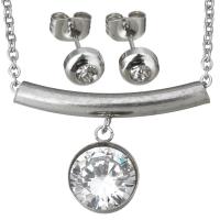 Joyería de acero inoxidable de diamantes de imitación, pendiente & collar, cadena oval & para mujer & con diamantes de imitación, color original, 31x22mm, 2mm, 6mm, longitud:aproximado 17 Inch, Vendido por Set