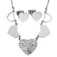 Rhinestone stainless steel Jewelry Set, earring & necklace, with Rhinestone Clay Pave, Heart, oval chain & for woman, original color 1.5mm Approx 16 Inch 