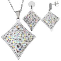 Rhinestone stainless steel Jewelry Set, earring & necklace, with Rhinestone Clay Pave, Rhombus, oval chain & for woman, original color 2mm, 36mm Approx 18 Inch 