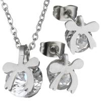 Joyería de acero inoxidable de diamantes de imitación, pendiente & collar, Lazo, cadena oval & para mujer & con diamantes de imitación, color original, 9x13mm, 1.5mm, 9x10mm, longitud:aproximado 17 Inch, Vendido por Set