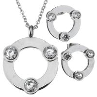 Rhinestone stainless steel Jewelry Set, earring & necklace, Donut, oval chain & for woman & with rhinestone, original color 2mm Approx 16 Inch 