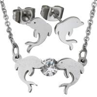 Rhinestone stainless steel Jewelry Set, earring & necklace, with 2Inch extender chain, Dolphin, oval chain & for woman & with rhinestone, original color 1.5mm Approx 17 Inch 