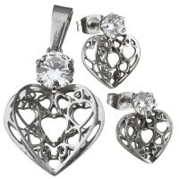Joyería de acero inoxidable de diamantes de imitación, colgante & pendiente, Corazón, para mujer & con diamantes de imitación, color original, 19x25mm, 13x16.5mm, agujero:aproximado 4x7mm, Vendido por Set