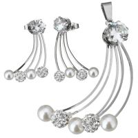 Rhinestone stainless steel Jewelry Set, pendant & earring, with Rhinestone Clay Pave & Glass Pearl, for woman, original color  Approx 