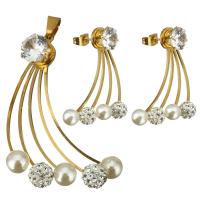 Rhinestone stainless steel Jewelry Set, pendant & earring, with Rhinestone Clay Pave & Glass Pearl, gold color plated, for woman  Approx 