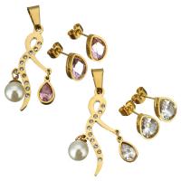 Rhinestone stainless steel Jewelry Set, pendant & earring, with Foam & Crystal & Glass Pearl, Teardrop, gold color plated, for woman & faceted & with rhinestone Approx 