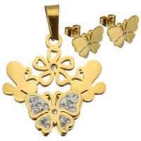 Rhinestone stainless steel Jewelry Set, pendant & earring, with Rhinestone Clay Pave, Butterfly, gold color plated, for woman & with rhinestone  Approx 