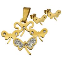 Rhinestone Edelstahl Schmuck Set, Anhänger & Ohrring, mit Ton, Schmetterling, goldfarben plattiert, für Frau, 25x20mm, 13x10mm, Bohrung:ca. 3x7mm, verkauft von setzen