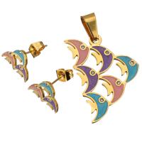 Enamel Stainless Steel Jewelry Sets, pendant & earring, Fish, gold color plated, for woman & with rhinestone  Approx 