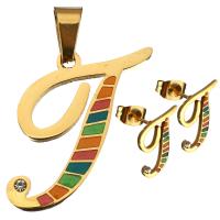 Enamel Stainless Steel Jewelry Sets, pendant & earring, Letter J, gold color plated, for woman & with rhinestone  Approx 