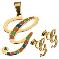 Enamel Stainless Steel Jewelry Sets, pendant & earring, Letter G, gold color plated, for woman & with rhinestone  Approx 