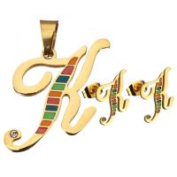 Enamel Stainless Steel Jewelry Sets, pendant & earring, Letter K, gold color plated, for woman & with rhinestone  Approx 
