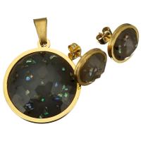 Shell Jewelry Sets, Stainless Steel, pendant & earring, with Abalone Shell & Resin, Flat Round, gold color plated, for woman & epoxy gel  Approx 