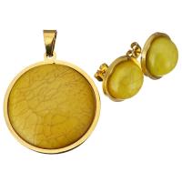 Resin Jewelry Sets, Stainless Steel, pendant & earring, with Resin, Flat Round, gold color plated, for woman  Approx 