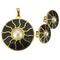 Enamel Stainless Steel Jewelry Sets, pendant & earring, with Glass Pearl, Flat Round, gold color plated, for woman  Approx 