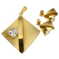 Joyería de acero inoxidable de diamantes de imitación, colgante & pendiente, Rombo, chapado en color dorado, para mujer & con diamantes de imitación, 40x45mm, 18x18mm, agujero:aproximado 4x7mm, Vendido por Set