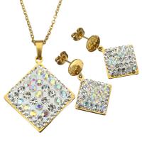 Rhinestone stainless steel Jewelry Set, earring & necklace, with Rhinestone Clay Pave, Rhombus, gold color plated, oval chain & for woman 2mm, 30mm Approx 20 Inch 