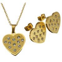 Rhinestone stainless steel Jewelry Set, earring & necklace, Heart, gold color plated, oval chain & for woman & with rhinestone 1.5mm Approx 18 Inch 