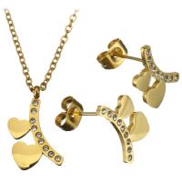 Rhinestone stainless steel Jewelry Set, earring & necklace, with 2Inch extender chain, Heart, gold color plated, oval chain & for woman & with rhinestone 1.5mm Approx 20 Inch 