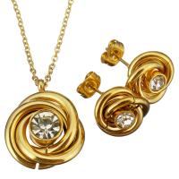 Rhinestone stainless steel Jewelry Set, earring & necklace, Flower, gold color plated, oval chain & for woman & with rhinestone 2mm Approx 16 Inch 