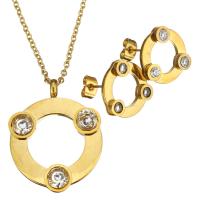 Joyería de acero inoxidable de diamantes de imitación, pendiente & collar, Donut, chapado en color dorado, cadena oval & para mujer & con diamantes de imitación, 27x34mm, 2mm, 16x18mm, longitud:aproximado 19 Inch, Vendido por Set