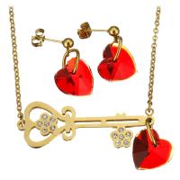 Fashion Stainless Steel Jewelry Sets, earring & necklace, with Crystal, Heart, gold color plated, oval chain & for woman & with rhinestone  2mm, 25mm Approx 18 Inch 