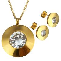 Joyería de acero inoxidable de diamantes de imitación, pendiente & collar, Redondo aplanado, chapado en color dorado, cadena oval & para mujer & con diamantes de imitación, 28x35mm, 2mm, 13x13mm, longitud:aproximado 20 Inch, Vendido por Set