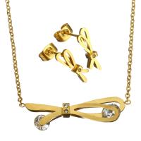 Rhinestone stainless steel Jewelry Set, earring & necklace, Bowknot, gold color plated, oval chain & for woman & with rhinestone 1.5mm Approx 18 Inch 