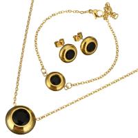 Fashion Stainless Steel Jewelry Sets, bracelet & earring & necklace, with Resin, with 1.5Inch extender chain, Flat Round, gold color plated, oval chain & for woman 2mm 2mm Approx 16 Inch, Approx  6.5 Inch 