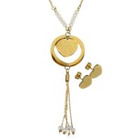 Fashion Stainless Steel Jewelry Sets, earring & necklace, with Glass Pearl, Heart, gold color plated, oval chain & with letter pattern & for woman 57mm, 2mm Approx 22 Inch 