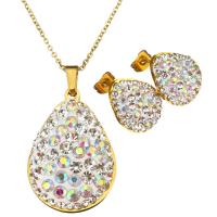 Rhinestone stainless steel Jewelry Set, earring & necklace, with Rhinestone Clay Pave, with 2Inch extender chain, Teardrop, gold color plated, oval chain & for woman 1.5mm Approx 18 Inch 