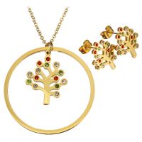 Rhinestone stainless steel Jewelry Set, earring & necklace, with 2Inch extender chain, Tree, gold color plated, oval chain & for woman & with rhinestone 2mm Approx 18 Inch 