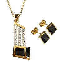 Rhinestone stainless steel Jewelry Set, earring & necklace, with Rhinestone Clay Pave & Crystal, gold color plated, oval chain & for woman & faceted 2mm Approx 18 Inch 
