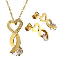 Joyería de acero inoxidable de diamantes de imitación, pendiente & collar, Infinito, chapado en color dorado, cadena oval & para mujer & con diamantes de imitación, 14x32mm, 1.5mm, 8x18mm, longitud:aproximado 18 Inch, Vendido por Set