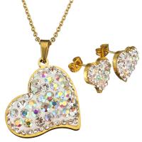 Rhinestone stainless steel Jewelry Set, earring & necklace, with Rhinestone Clay Pave, Heart, gold color plated, oval chain & for woman 2mm Approx 20 Inch 