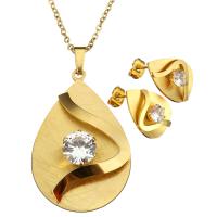 Joyería de acero inoxidable de diamantes de imitación, pendiente & collar, Gota, chapado en color dorado, cadena oval & para mujer & con diamantes de imitación, 30x45mm, 2mm, 13x18mm, longitud:aproximado 20 Inch, Vendido por Set
