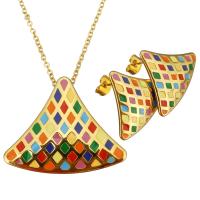 Enamel Stainless Steel Jewelry Sets, earring & necklace, Triangle, gold color plated, oval chain & for woman 2mm Approx 18 Inch 